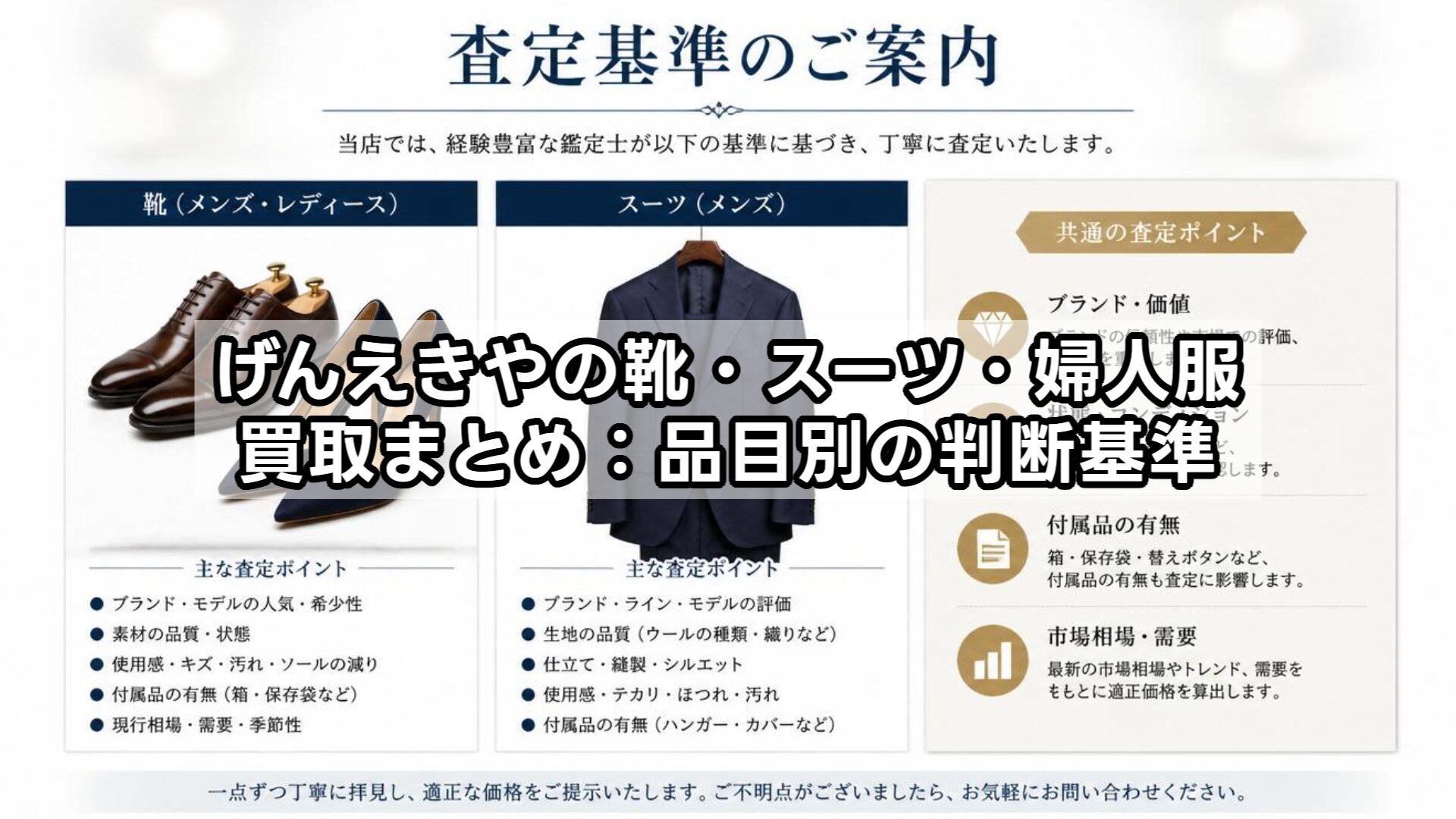 げんえきやの靴・スーツ・婦人服買取まとめ：品目別の判断基準