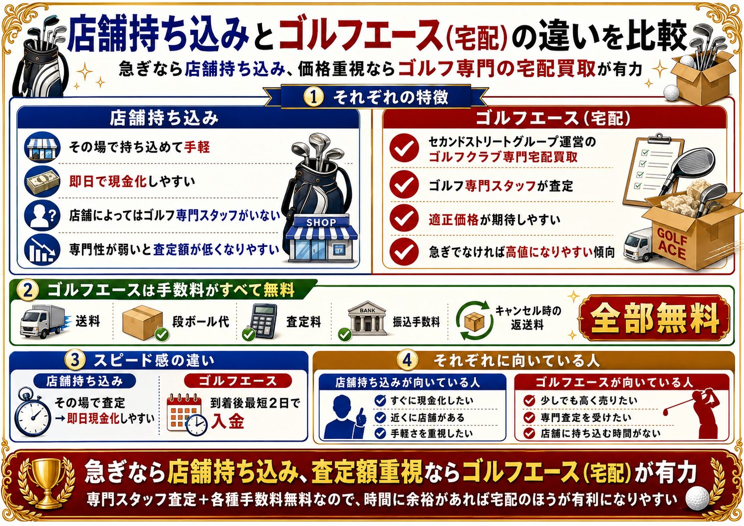 店舗持ち込みとゴルフエース(宅配)の違いを比較