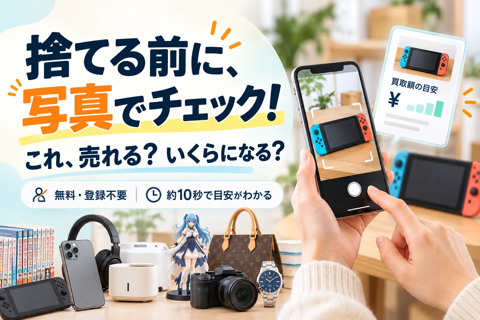 捨てる前に、写真でチェック！これ、売れる？いくらになる？無料・登録不要、約10秒で買取額の目安がわかる